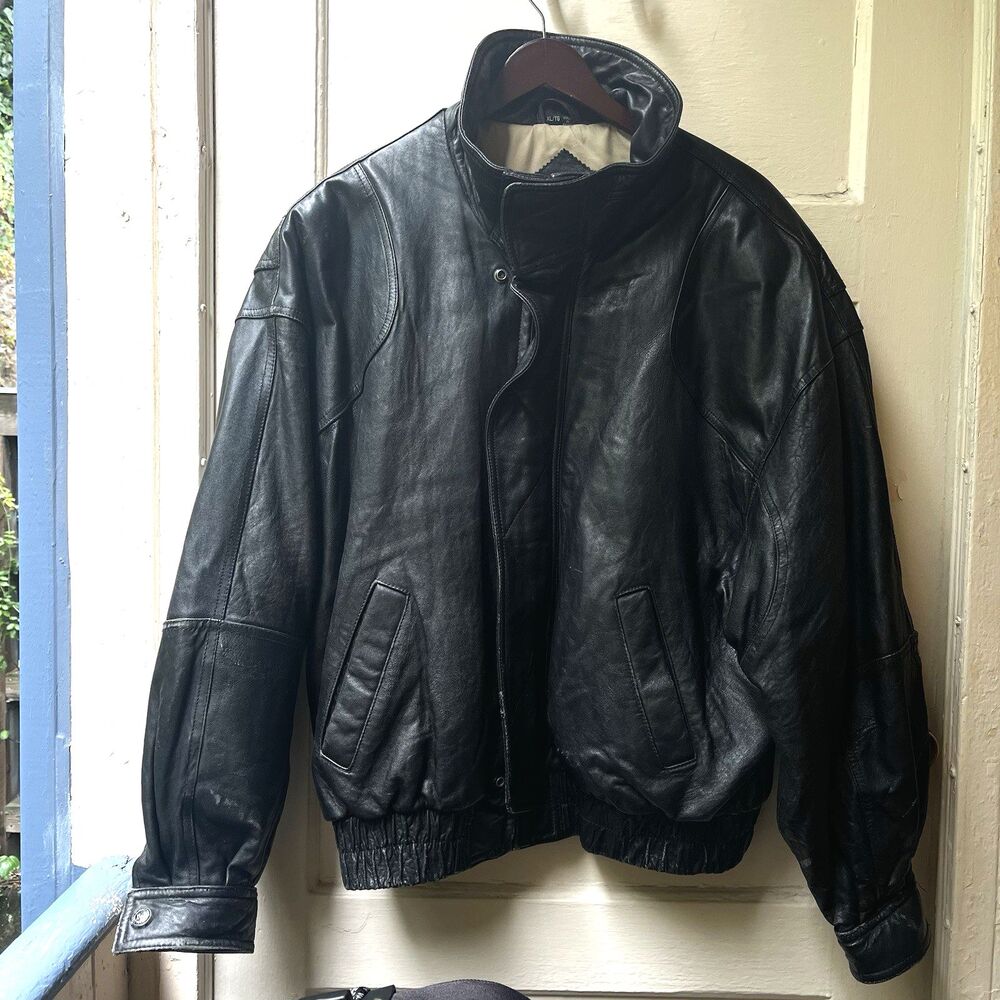 Vtg 80s MARC New York Bomber Leather Jacket XL Black Minimalist Punk Moto Racing